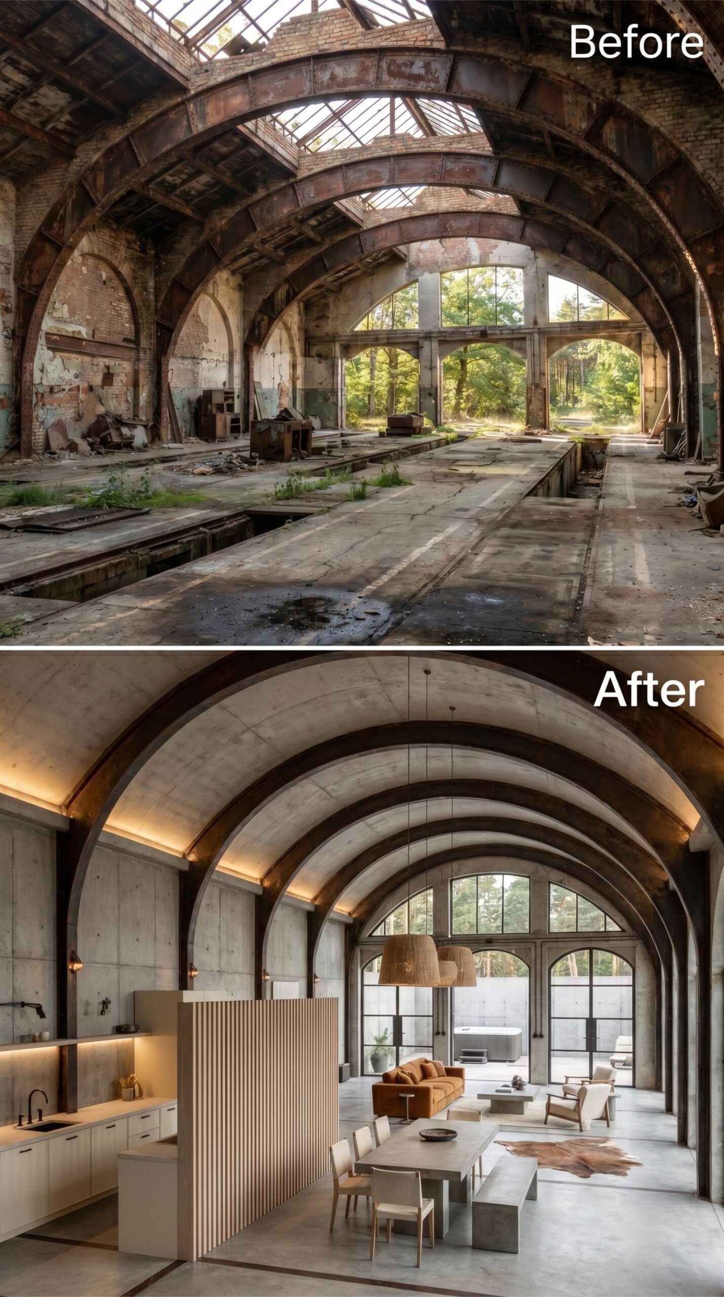 Raw Concrete Arches and Rattan Pendants Claim a Space Built for Engines