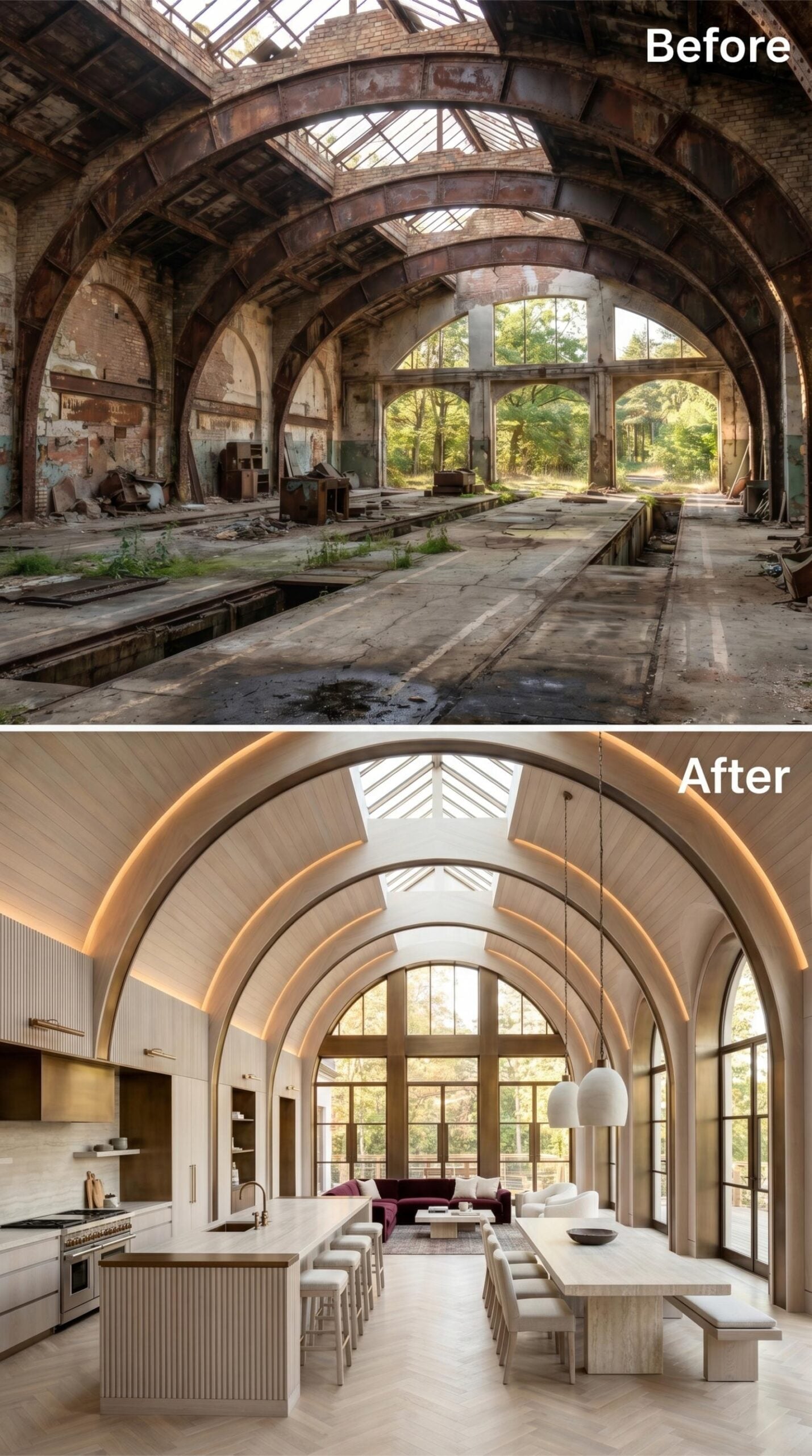 Ribbed Oak, Recessed Arches, and Pendant Globes Settle Into a Vaulted Industrial Shell