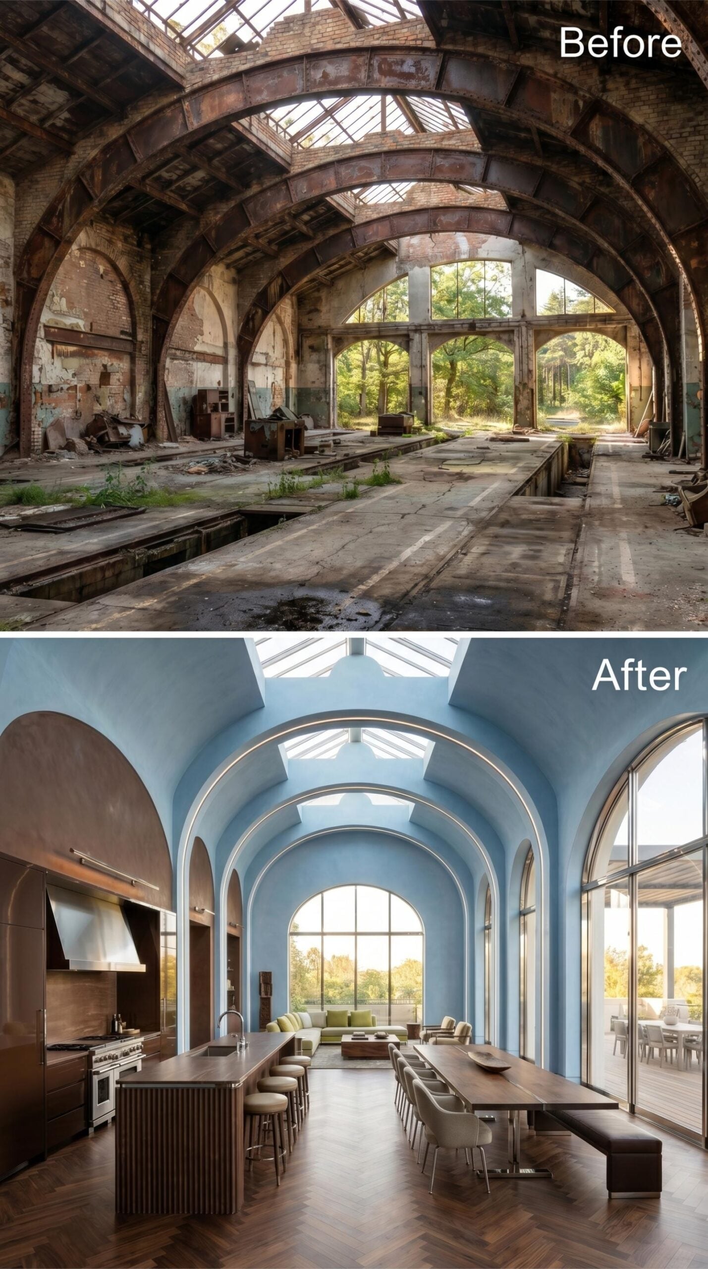 Steel Arches Get Dressed in Powder Blue and Given a Kitchen to Match