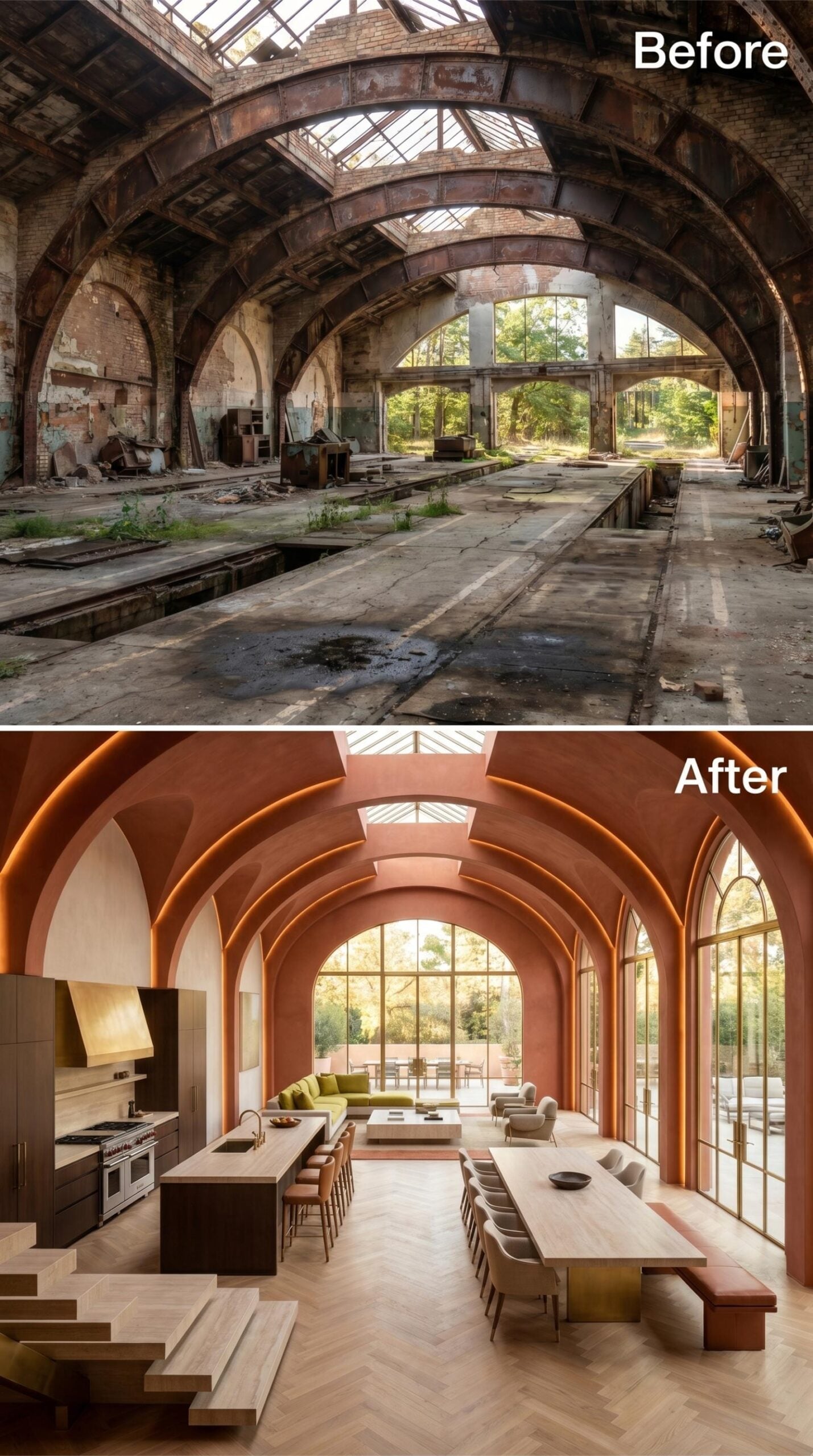 Terracotta Plaster Arches, Cove Lighting, and a Kitchen Island That Anchors the Whole Hall