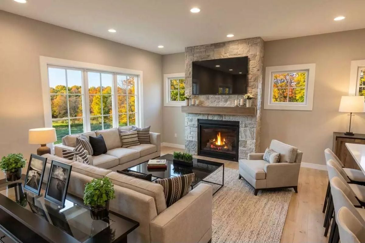 Stone Fireplace Wall Does All the Heavy Lifting in This Family Room