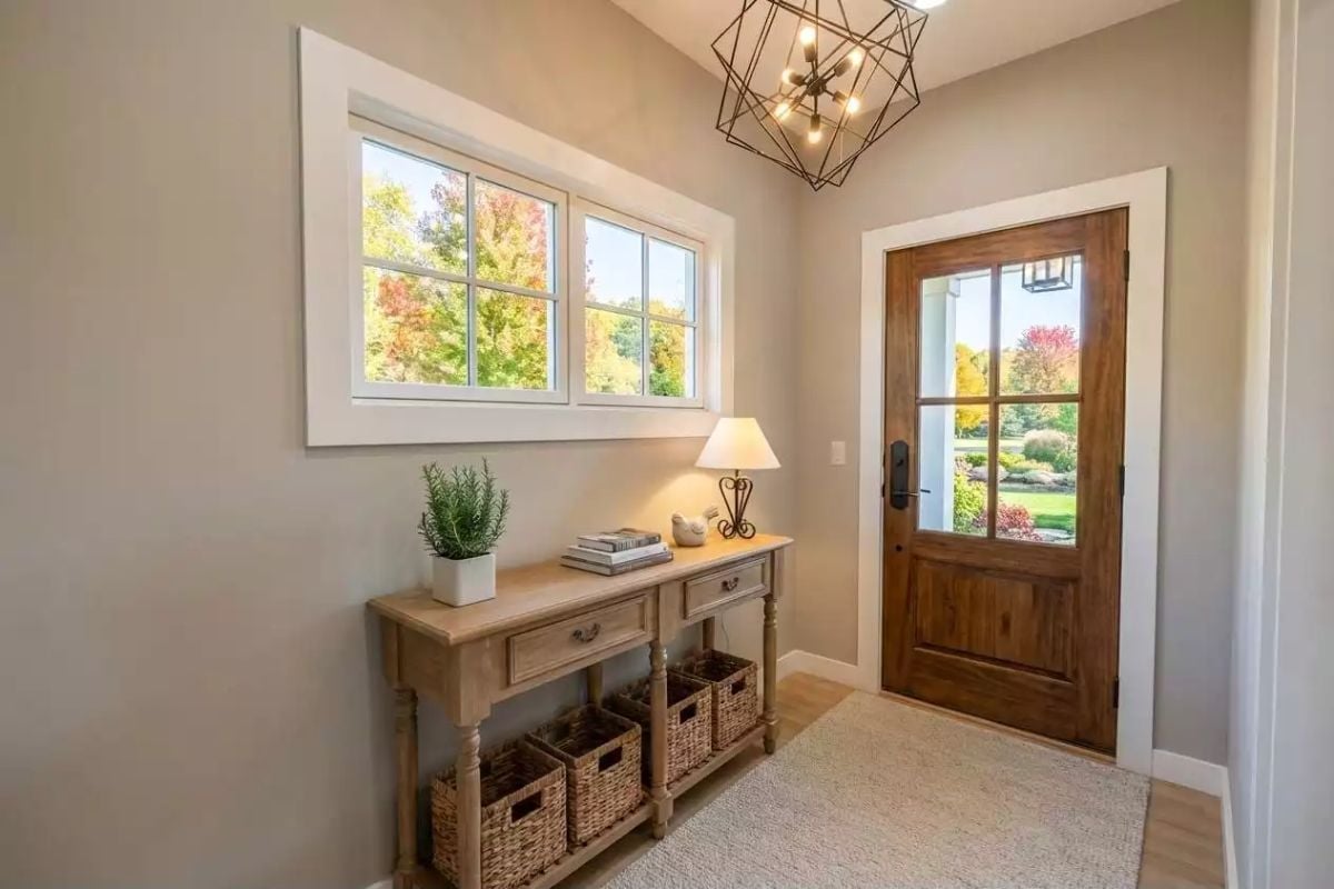 Wicker Baskets Under a Console Table Solve the Entryway Clutter Problem Quietly