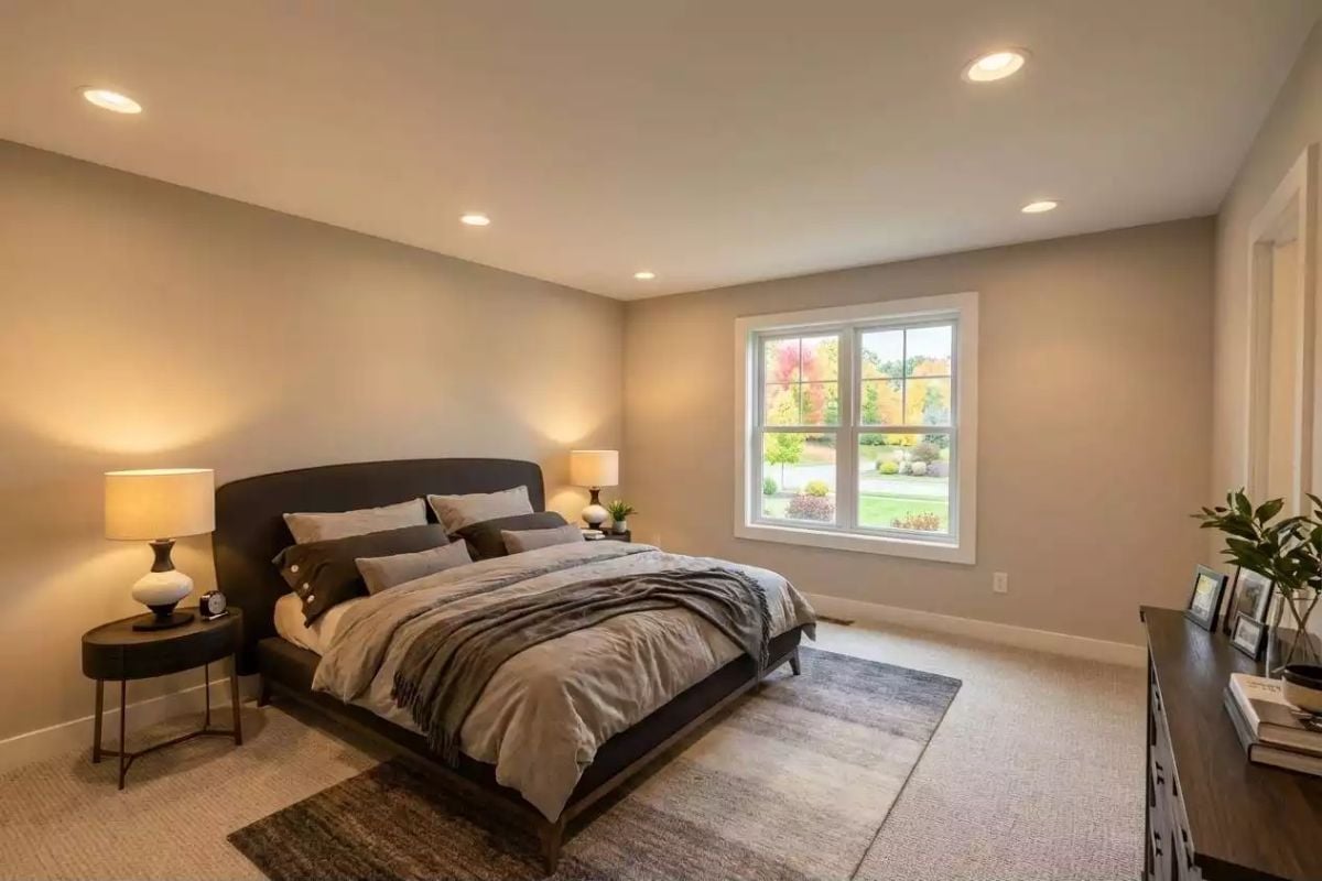 Recessed Cans and a Table Lamp Together Solve the Bedroom Lighting Problem