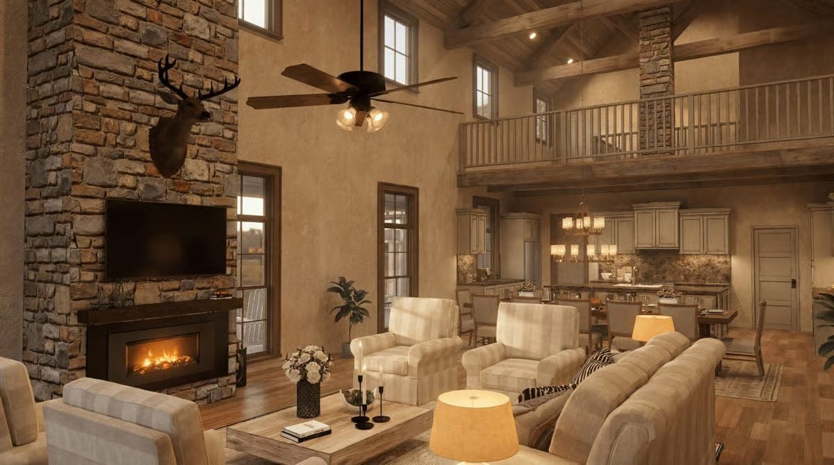 Clerestory Light, a Stone Chimney Stack, and Seating That Actually Faces Each Other