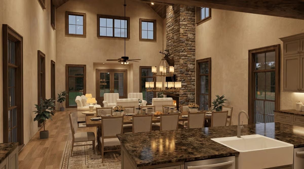 Stone Fireplace Tower, Clerestory Windows, and a Kitchen That Stays in the Conversation