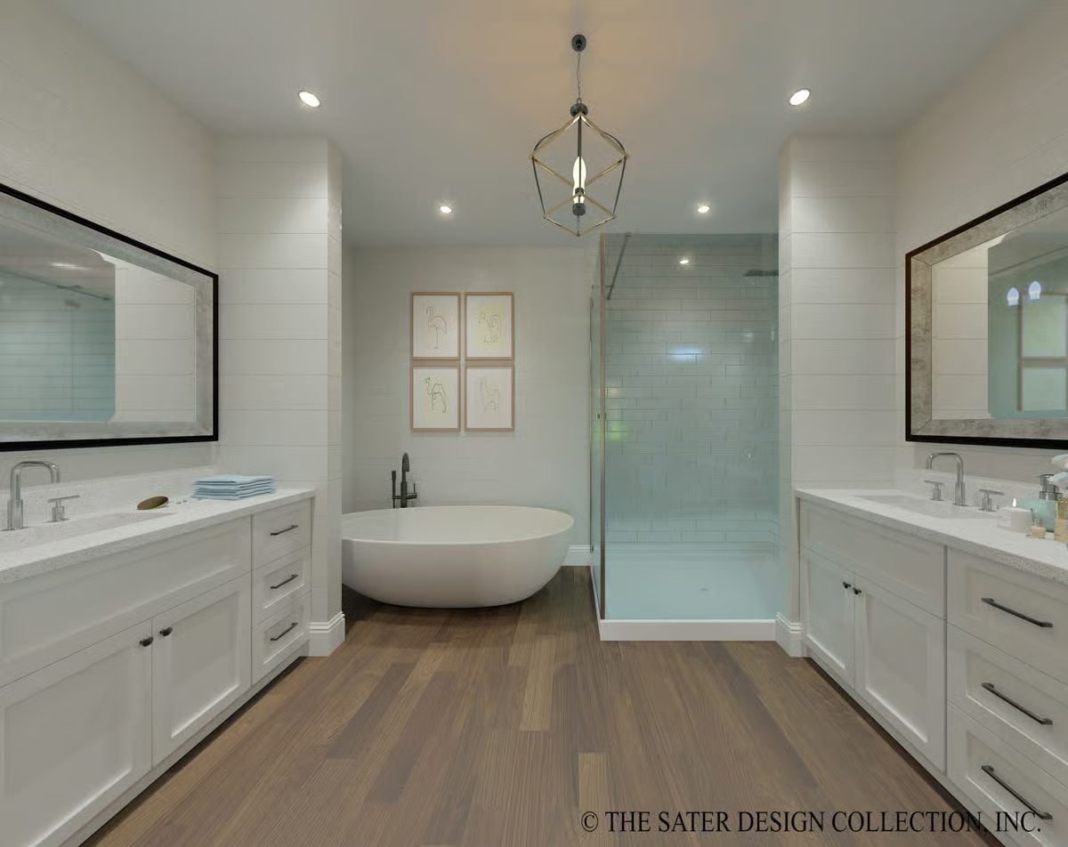 Dual Vanities Facing Each Other and a Soaking Tub That Earns Its Footprint