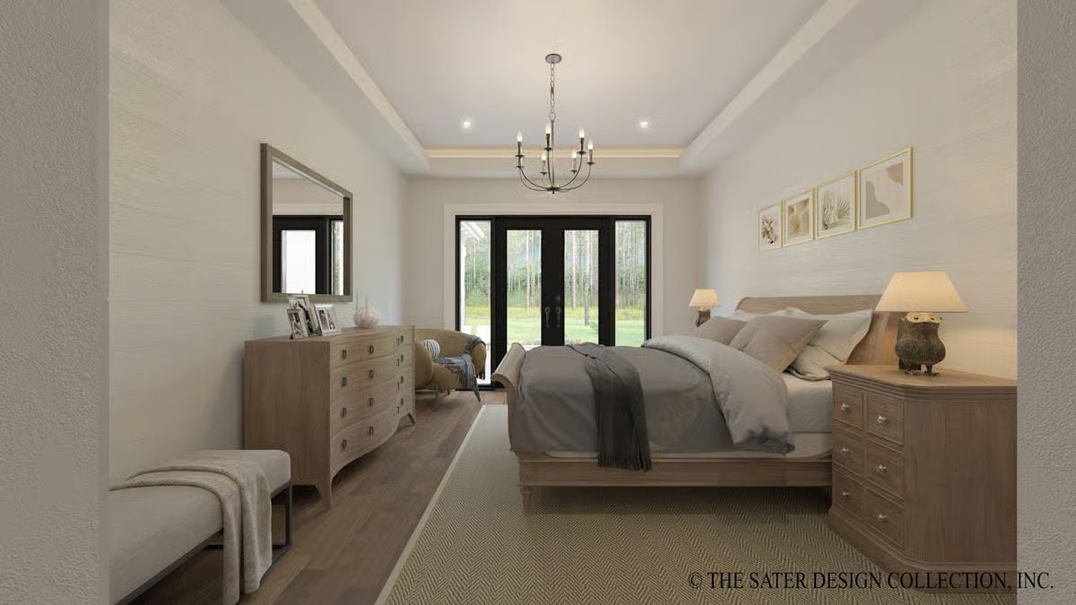 Tray Ceiling and Soft Wood Tones Pull This Primary Bedroom Together
