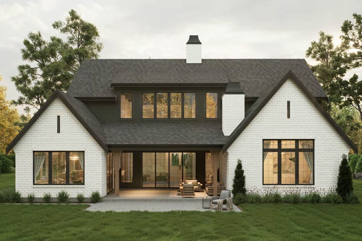 Modern Farmhouse Exterior Done Right — White Brick, Dark Trim, and a Covered Patio That Earns Its Space
