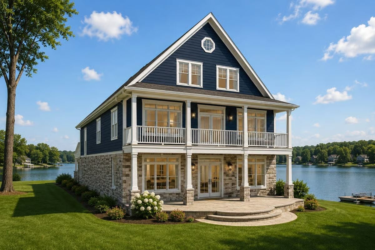 Navy Siding and Stone Base Make This Lakefront Home Hard to Forget