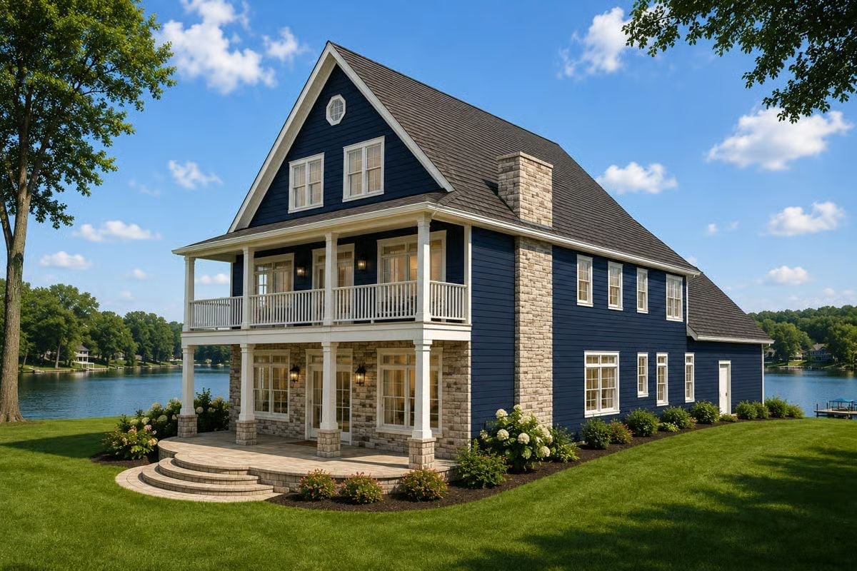 Navy Siding Meets Stone on a Lakefront Home Built for the Long View
