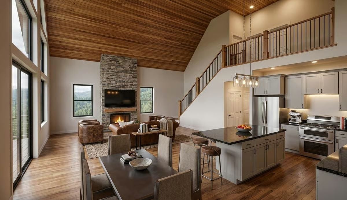 Vaulted Wood Ceilings and a Stone Fireplace Set the Tone for Mountain Living