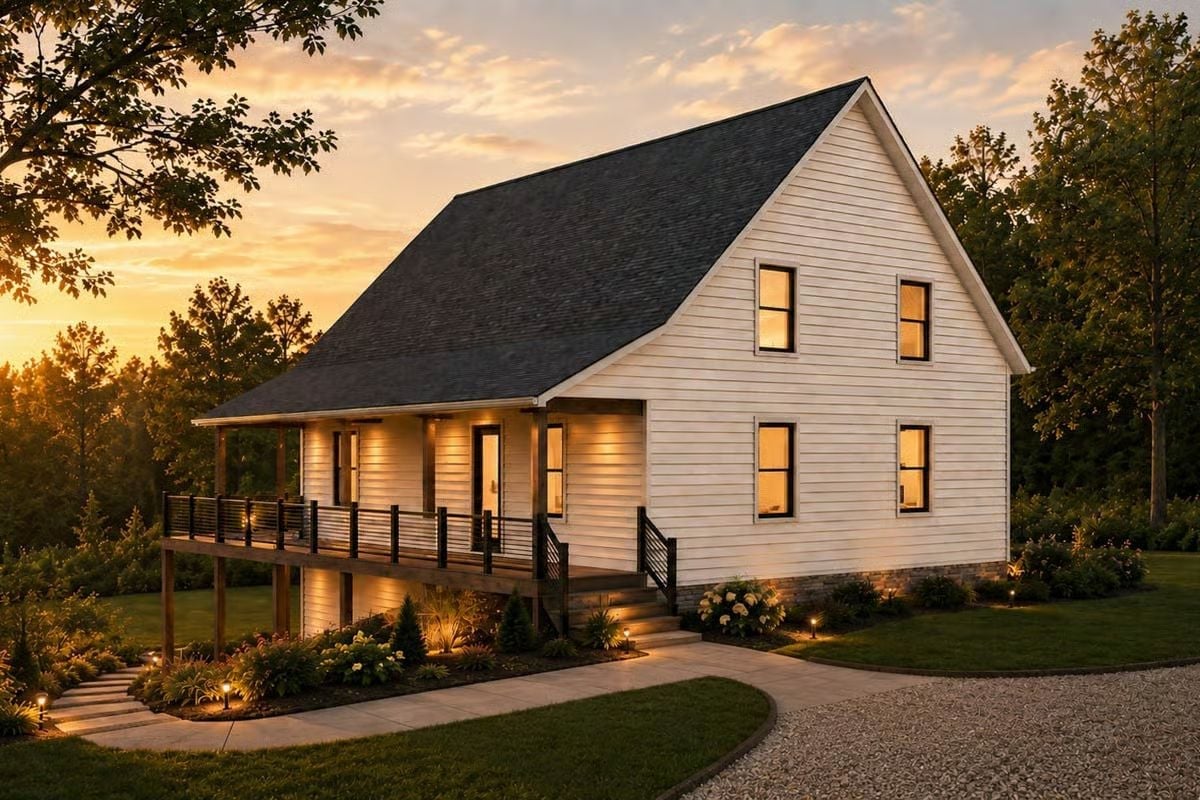 Warm Light at Dusk Makes This Farmhouse Feel Like It's Glowing From the Inside Out