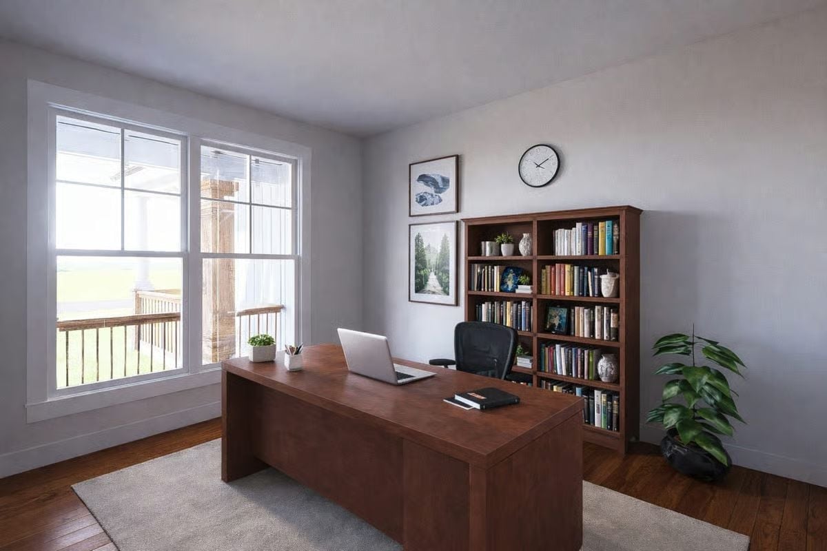 Warm Wood Tones and Natural Light Turn This Home Office Into a Place You'll Actually Want to Work
