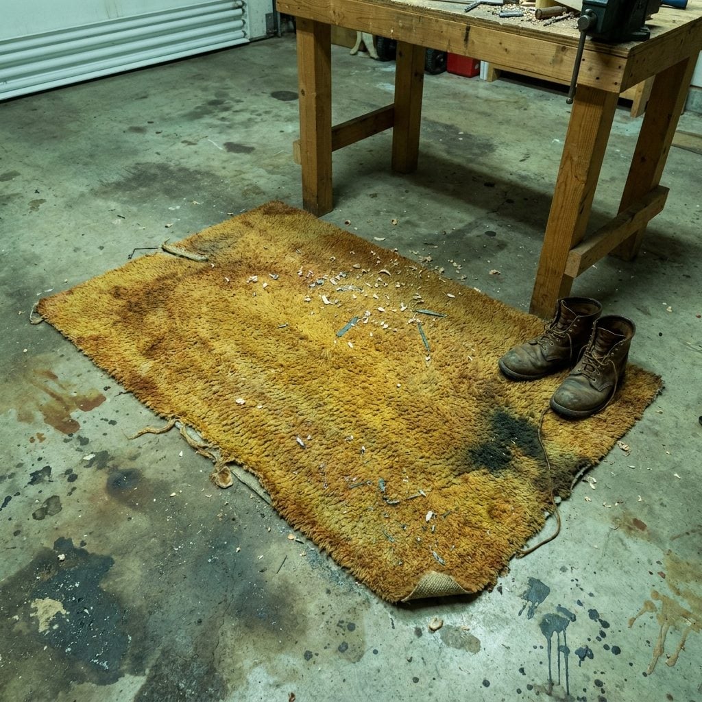 The Piece of Carpet Remnant on the Concrete Floor in Front of the Workbench