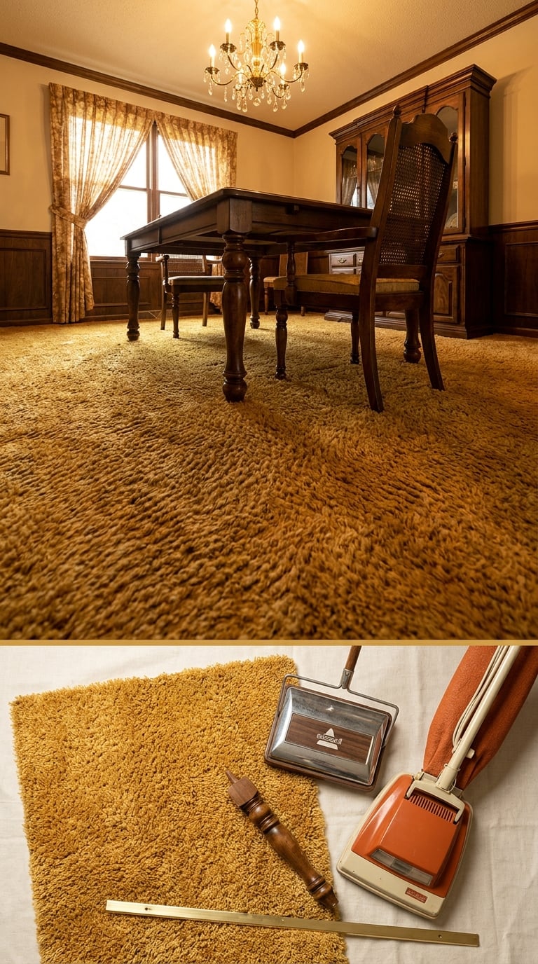 Plush Shag Carpet Under the Dining Table, Crumbs and All
