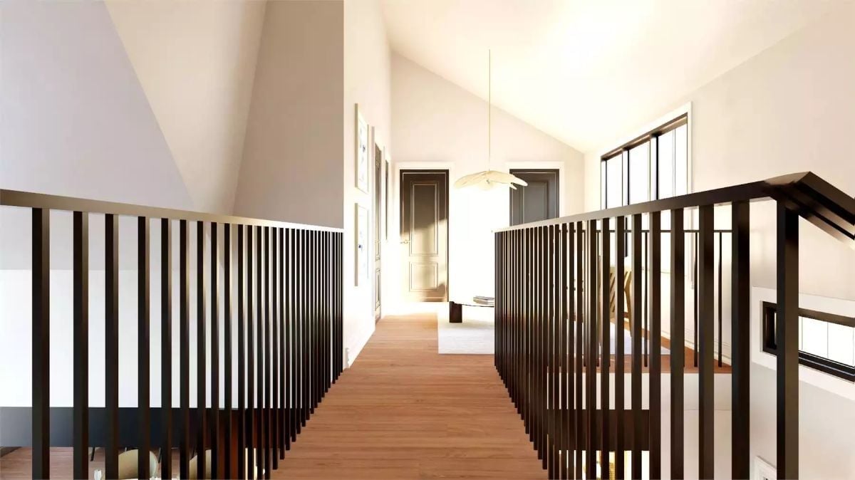 Dark Balusters, Vaulted Hall, and a Pendant That Knows Exactly What It's Doing