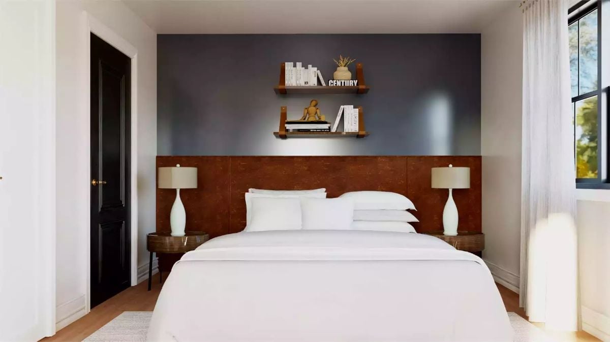 Floating Shelves, a Cork Headboard Wall, and Lamps That Don't Try Too Hard