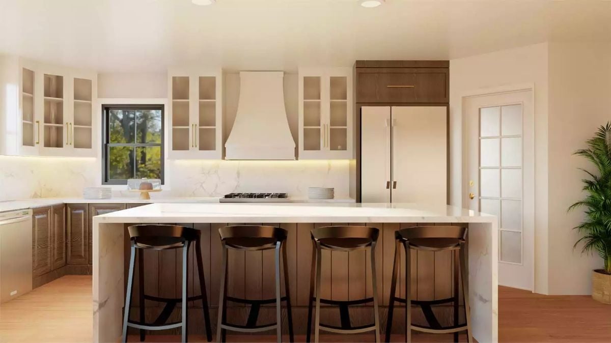 Marble Backsplash, Dark Wood Island, and Four Barstools Ready for Chaos