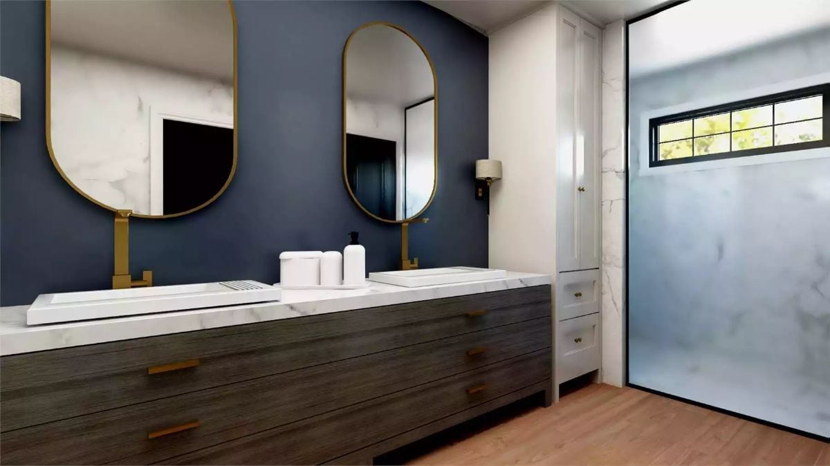 Navy Walls, Brass Faucets, and a Vanity That Means Business