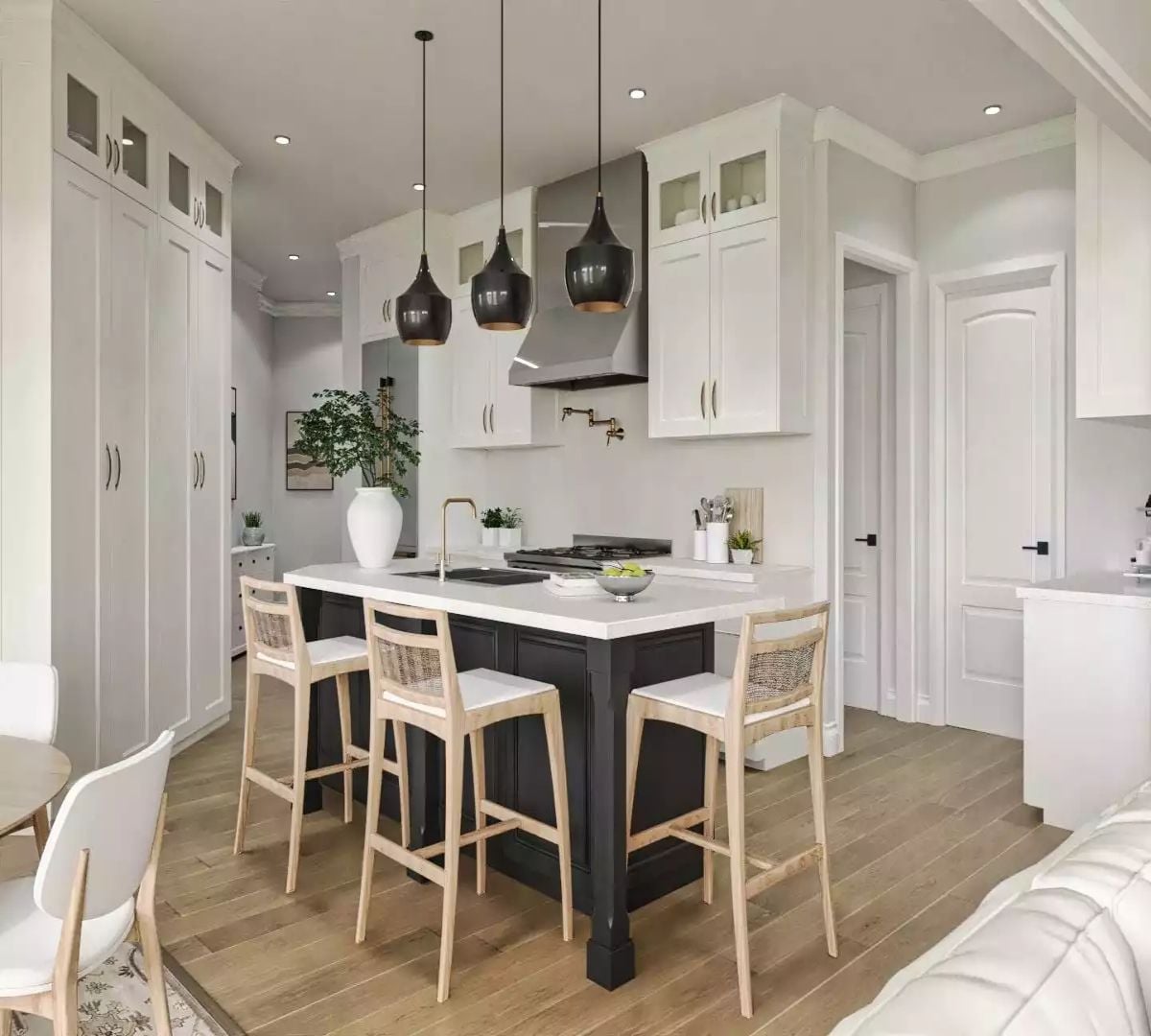 Dark Island Base, Rattan Barstools, and Pendant Lights That Don't Try Too Hard