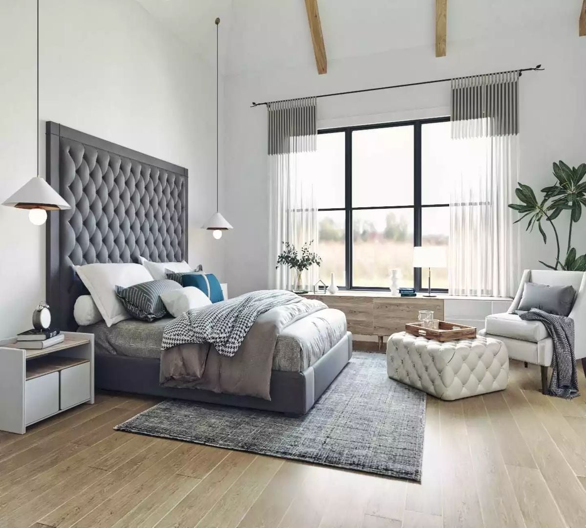 Gray Tufted Headboard Tall Enough to Own the Room Without Competing With It