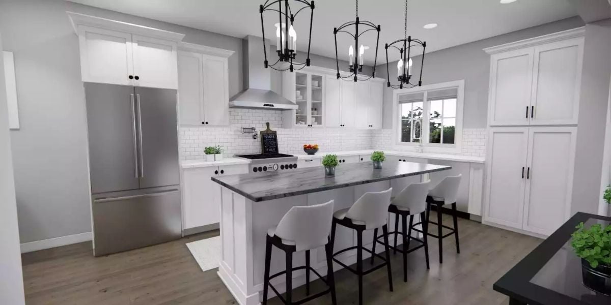 Black Hardware and Pendant Globes Pull a White Kitchen Back from Looking Too Safe