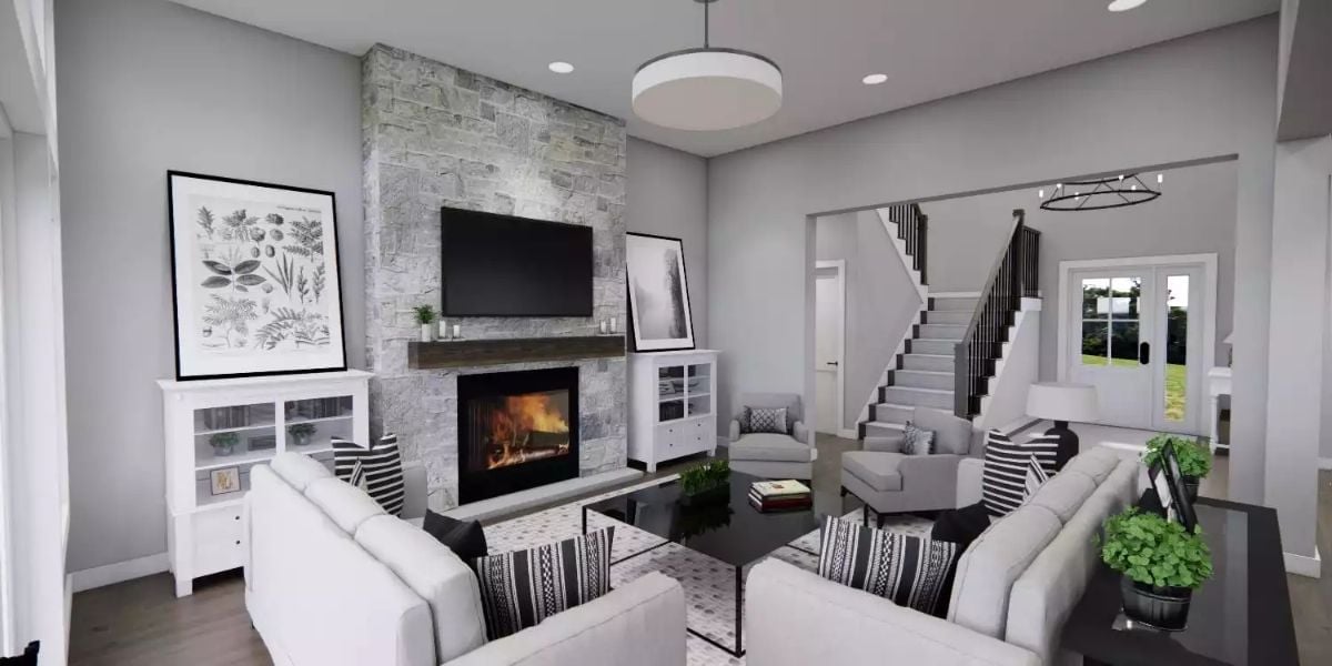 Stone Fireplace Wall Does the Heavy Lifting So Everything Else Can Stay Simple