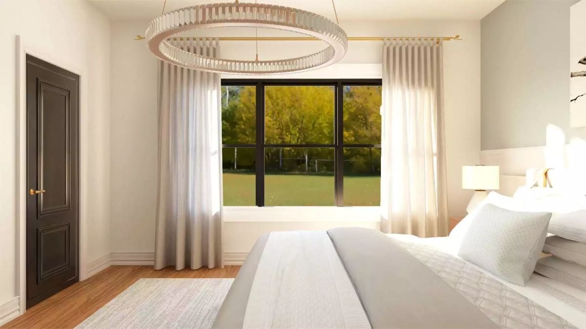 Crystal Ring Chandelier and Sheer Curtains Framing a View Worth Waking Up For
