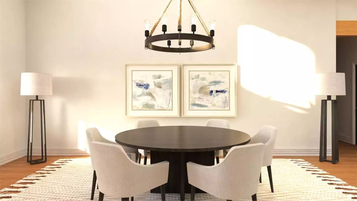 Rope-Hung Chandelier, Boucle Chairs, and a Round Table That Invites Everyone In
