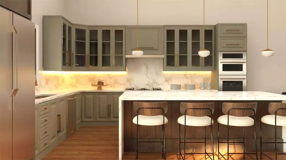 Sage Cabinets, Marble Backsplash, and Boucle Stools That Earn Their Place