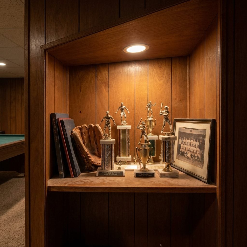 The Shelf of Sports Trophies That Belonged to a Sibling Who Had Since Left for College