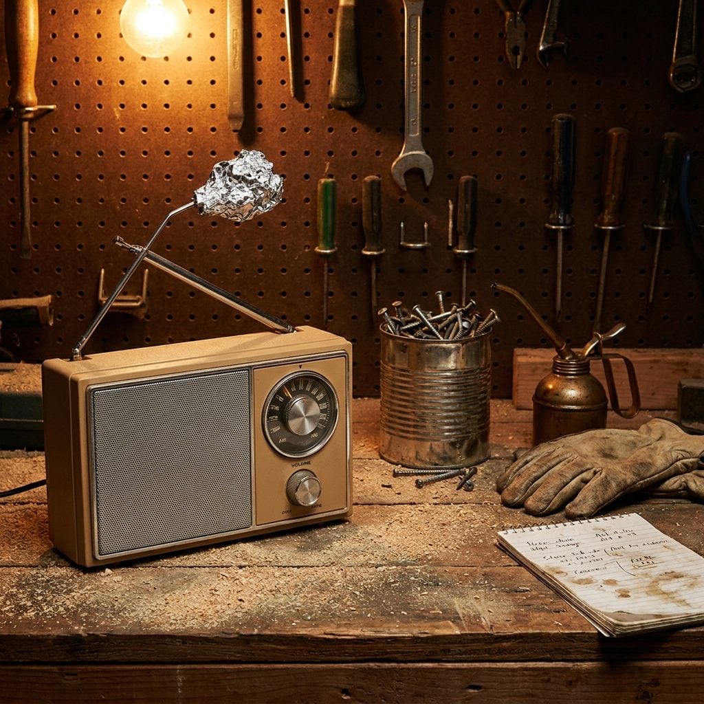 The Shop Radio with the Bent Antenna Wrapped in Aluminum Foil