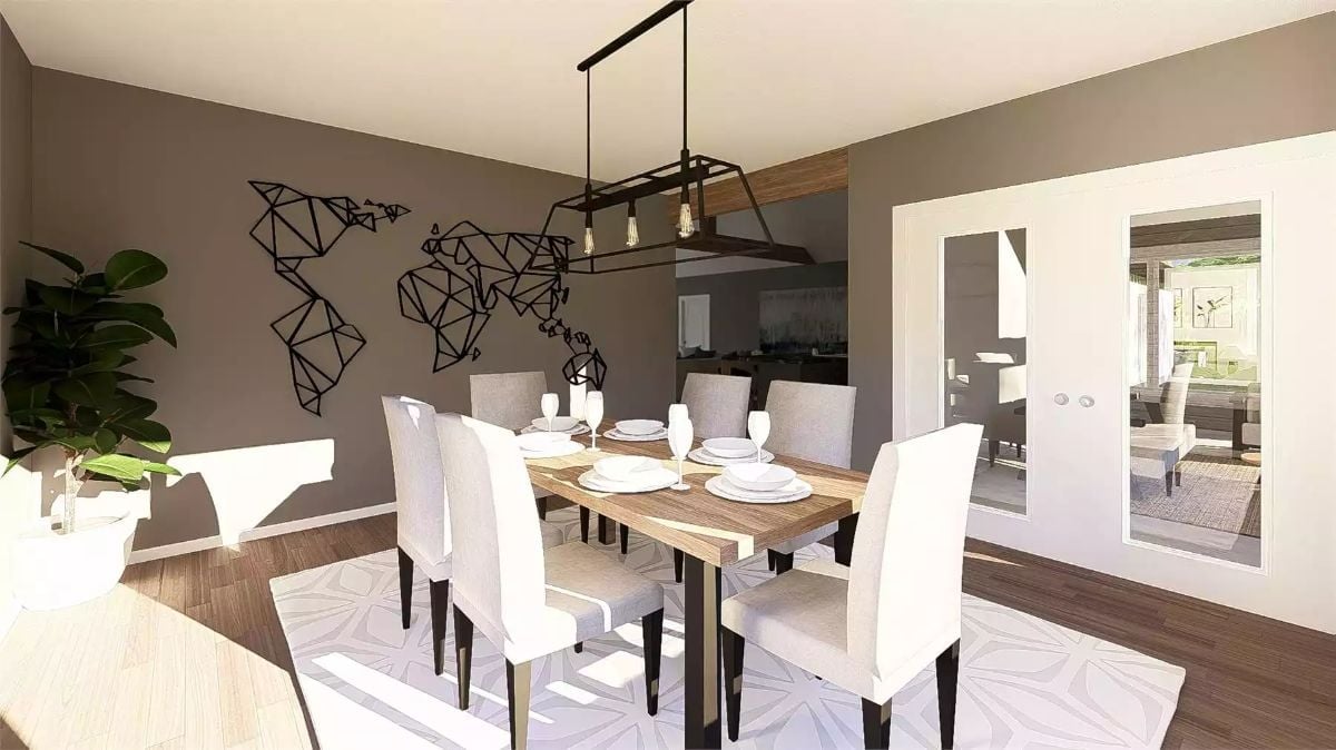 Geometric World Map Wall Art Anchors a Dining Room That Actually Has a Point of View