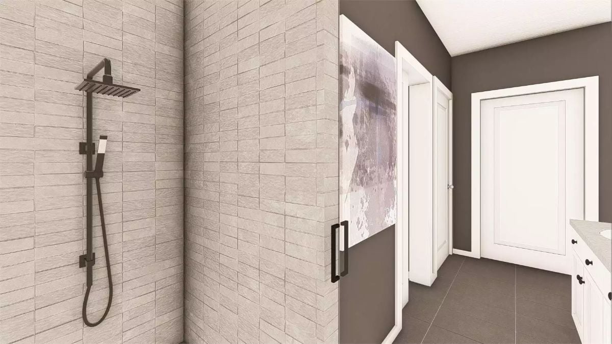 Rain Shower Hardware in Matte Black Against Stone-Look Tile That Earns Its Keep