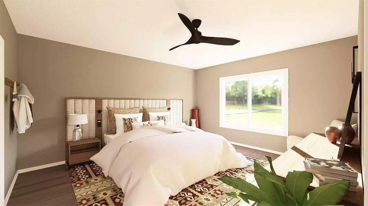 Upholstered Headboard, Kilim Rug, and a Ceiling Fan That Actually Fits the Room