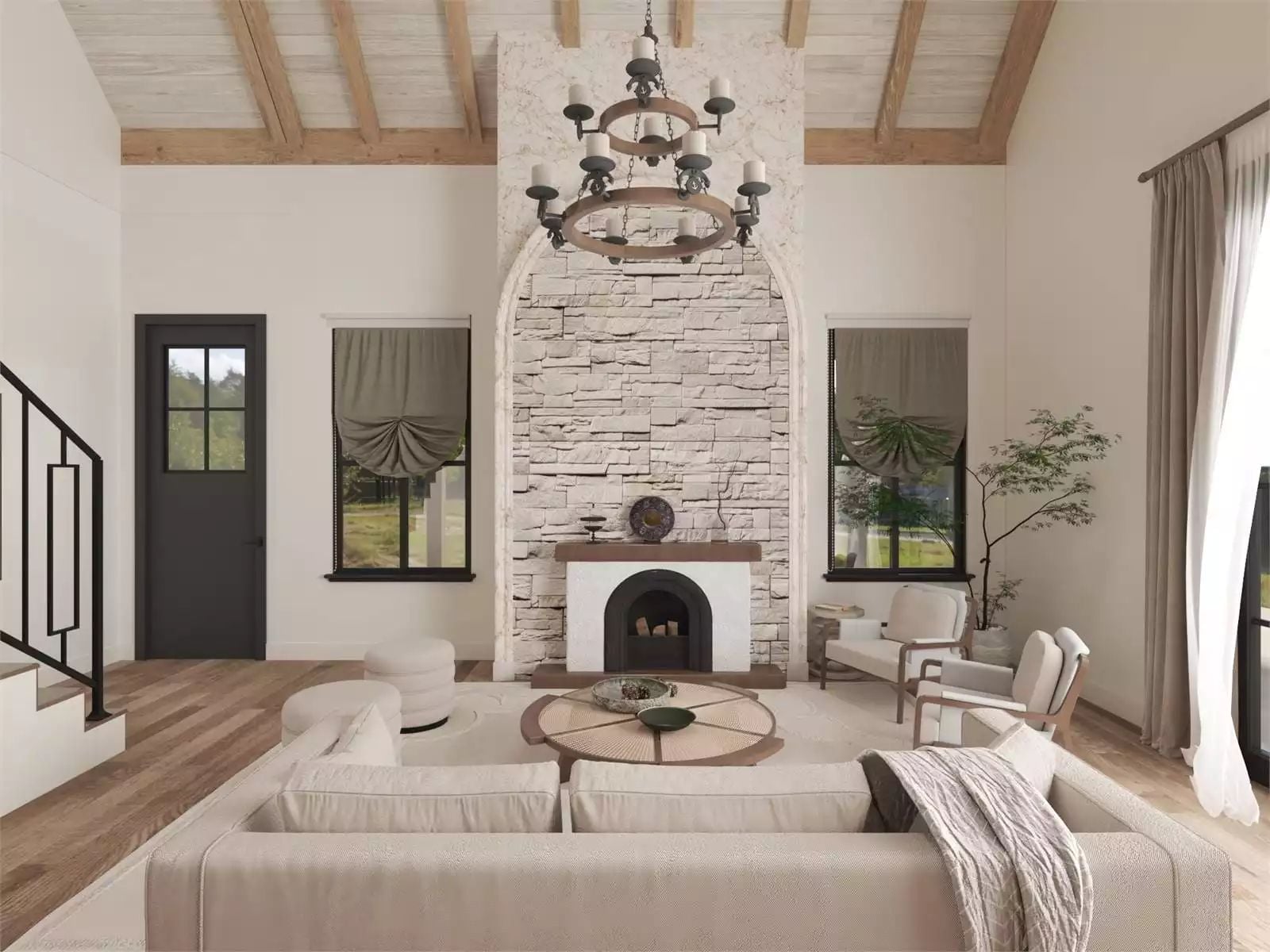 Arched Stone Fireplace That Earns Every Inch of Ceiling It Claims