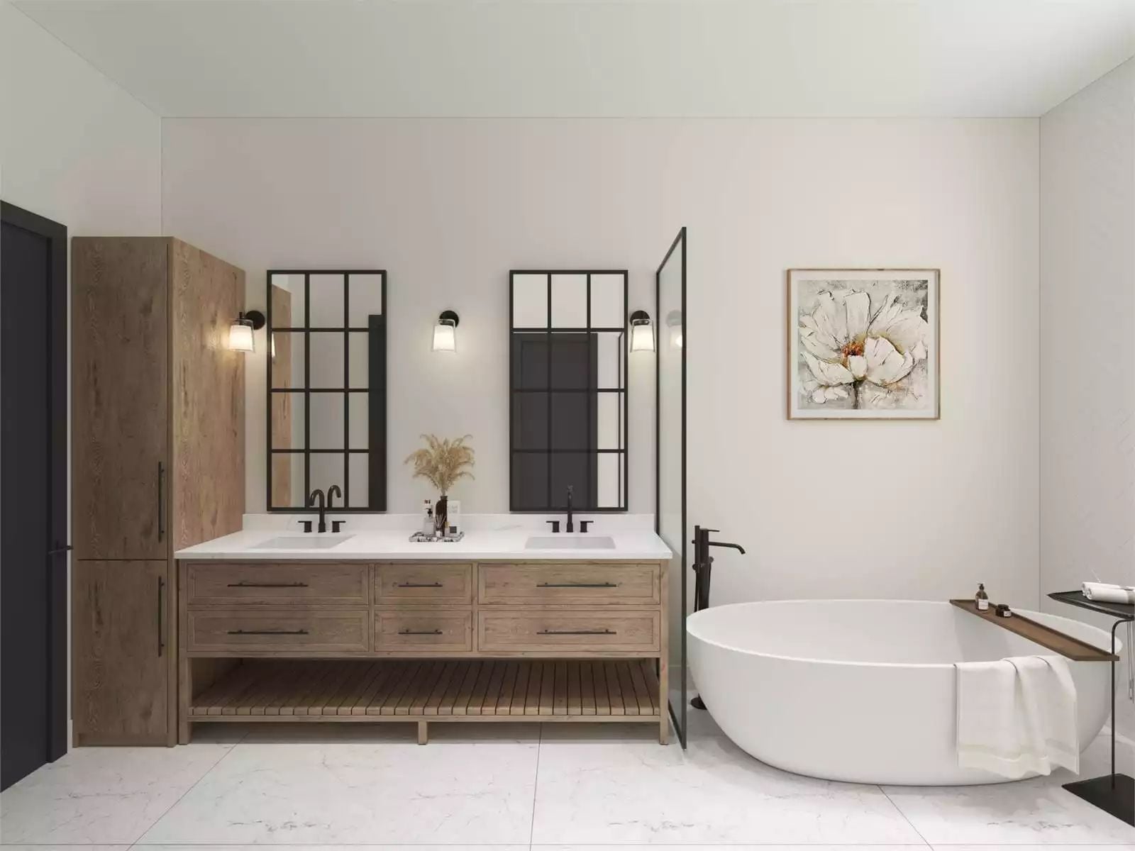 Black-Frame Mirrors and a Freestanding Tub Built for People Who Actually Use Their Bathroom