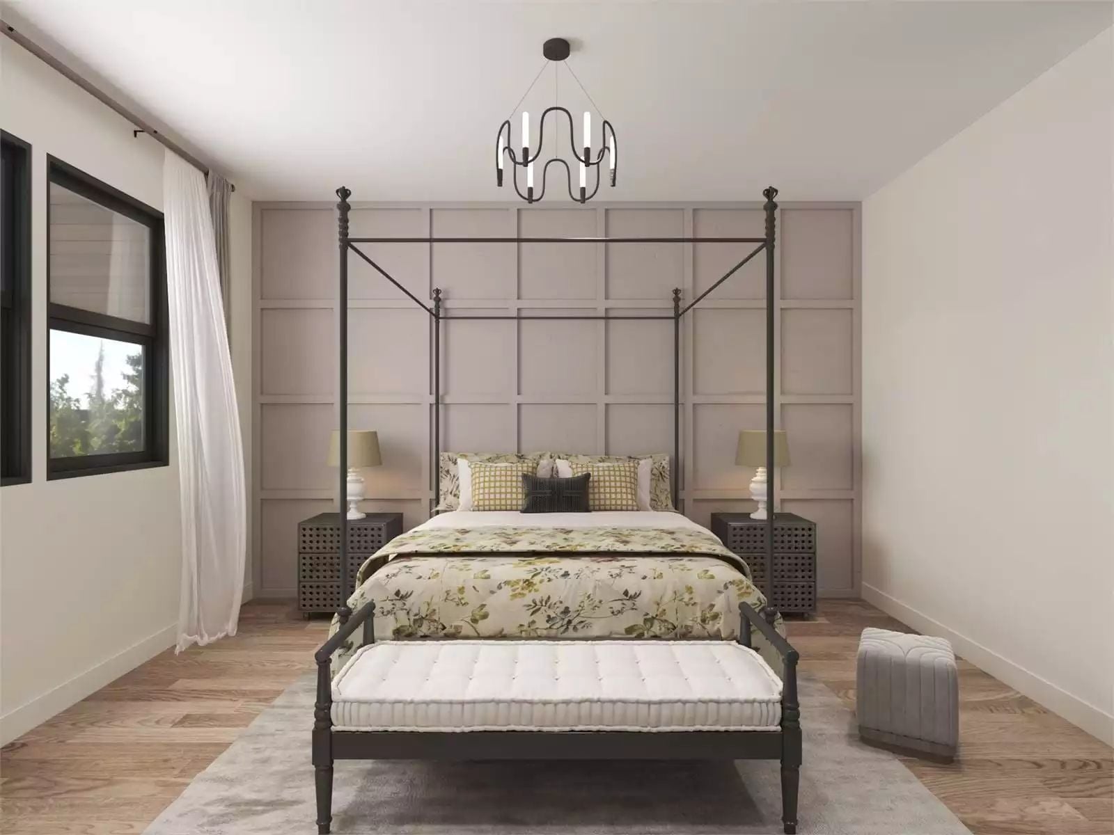 Canopy Bed, Paneled Wall, and a Chandelier That Knows What It's Doing