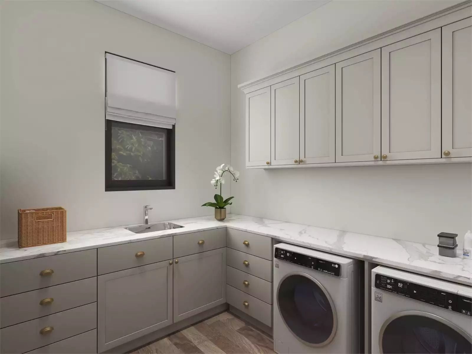 Marble Counters and Brass Hardware in a Laundry Room That Doesn't Apologize