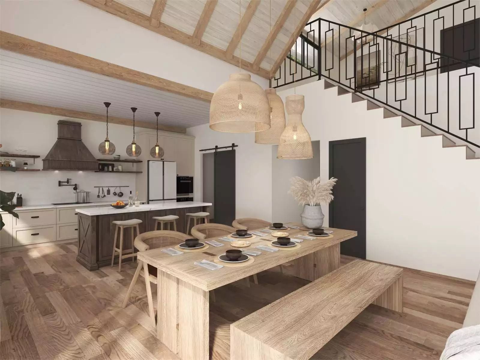 Rattan Pendants and Exposed Beams Doing the Heavy Lifting Up Top