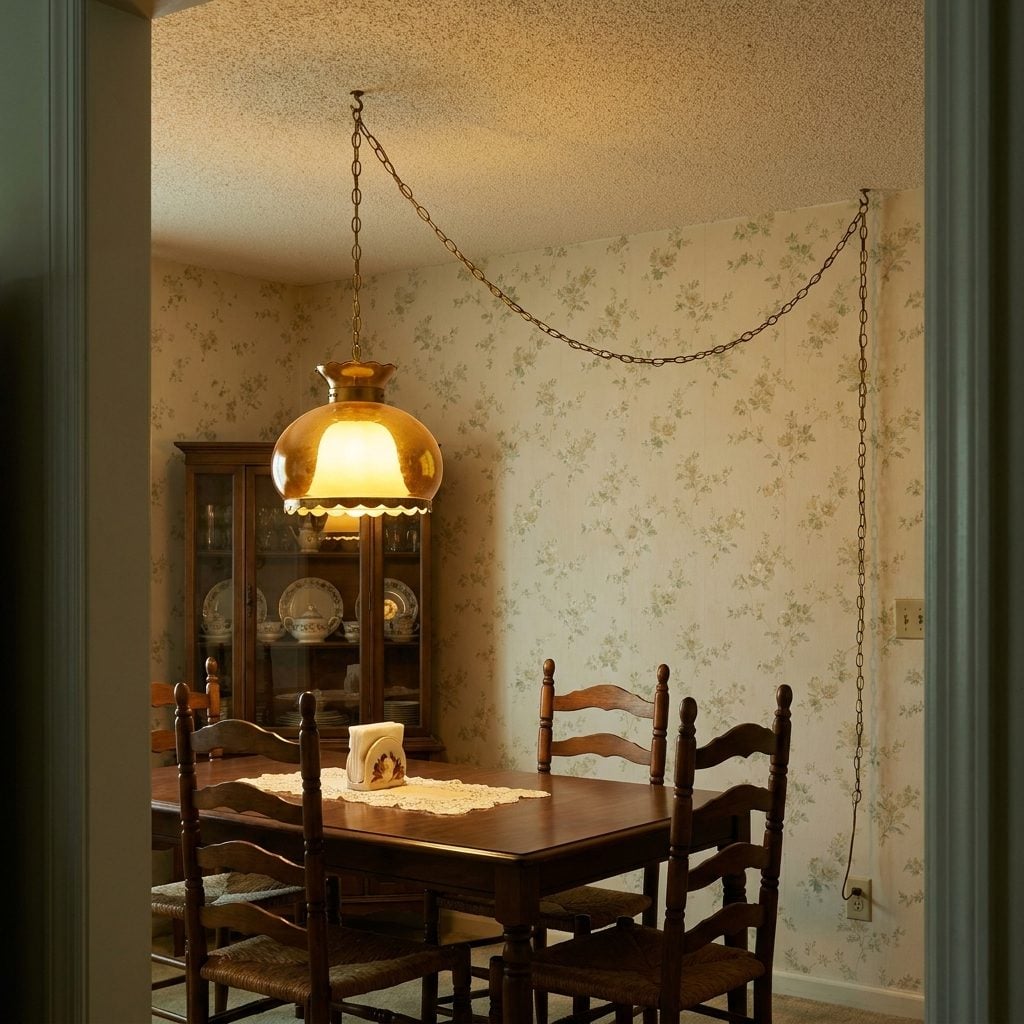 The Swag Lamp Hanging Over the Dining Table on a Chain Long Enough to Lasso a Horse