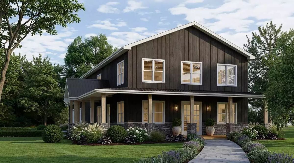 Dark Board-and-Batten Meets Stone Base on a Covered Wraparound Porch Built for Staying a While
