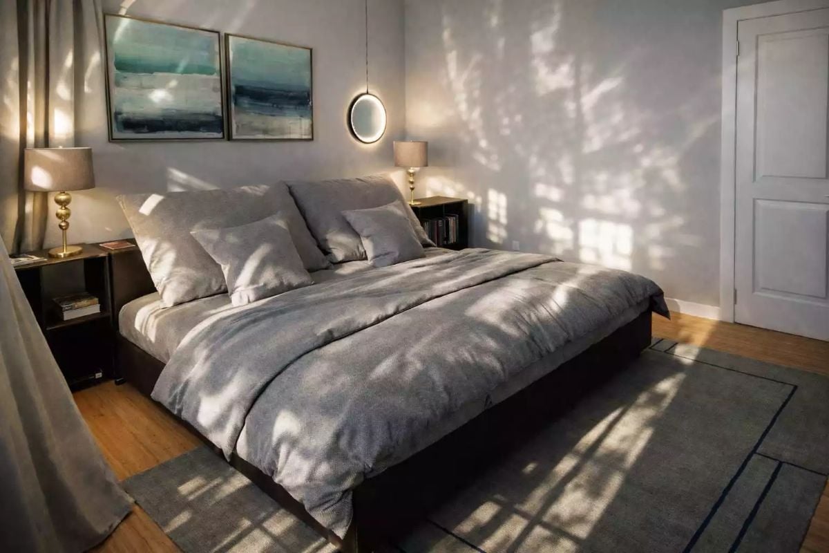 Pendant Light, Gray Linen, and Afternoon Sun Writing Patterns Across the Wall