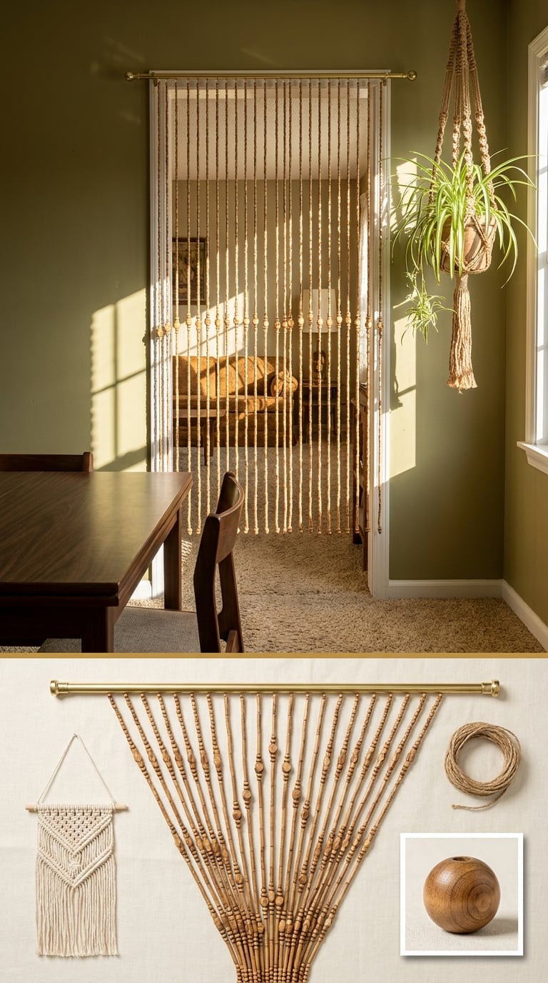 The Beaded Curtain or Macramé Room Divider Between Dining and Living Room