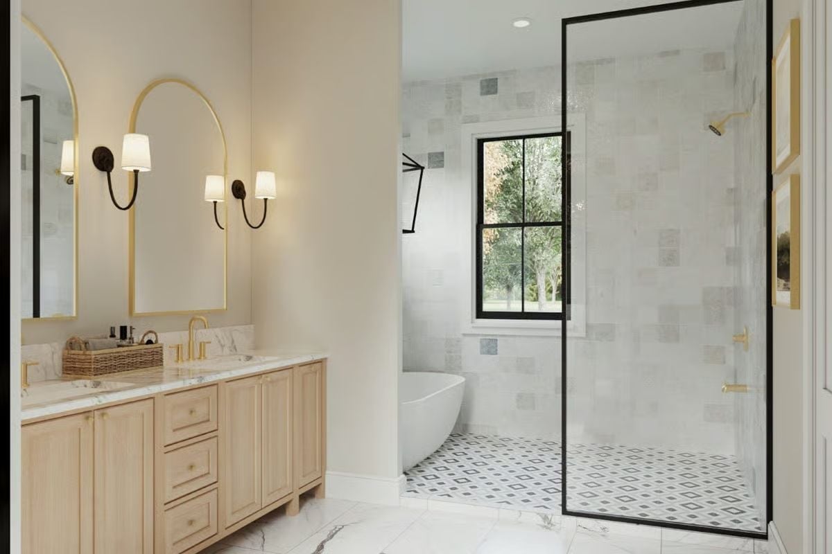 Brass Fixtures, Black Frames, and a Shower Floor That Earns a Second Look