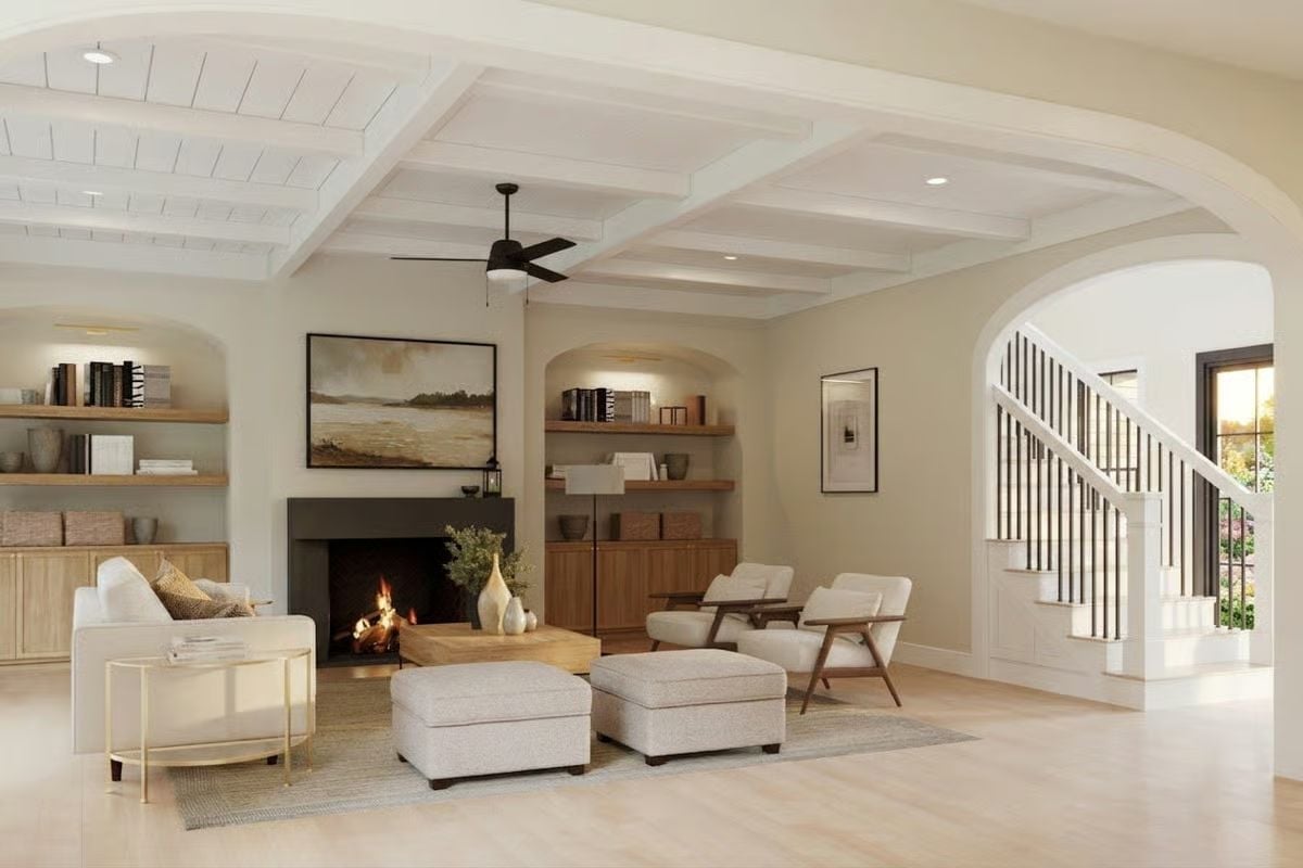 Coffered Ceiling, Lit Fireplace, and Two Chairs Nobody Has to Share