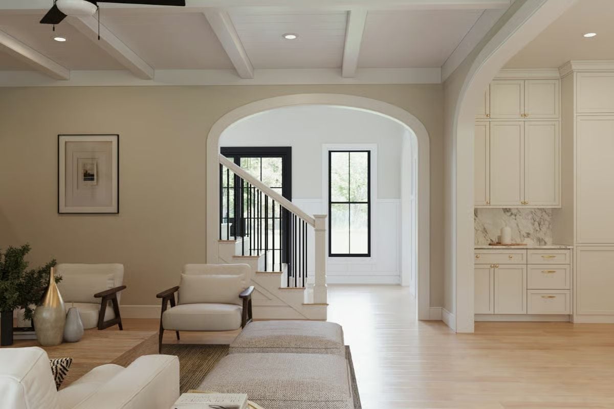 Coffered Ceilings and an Arched Passageway Earn Their Keep Here