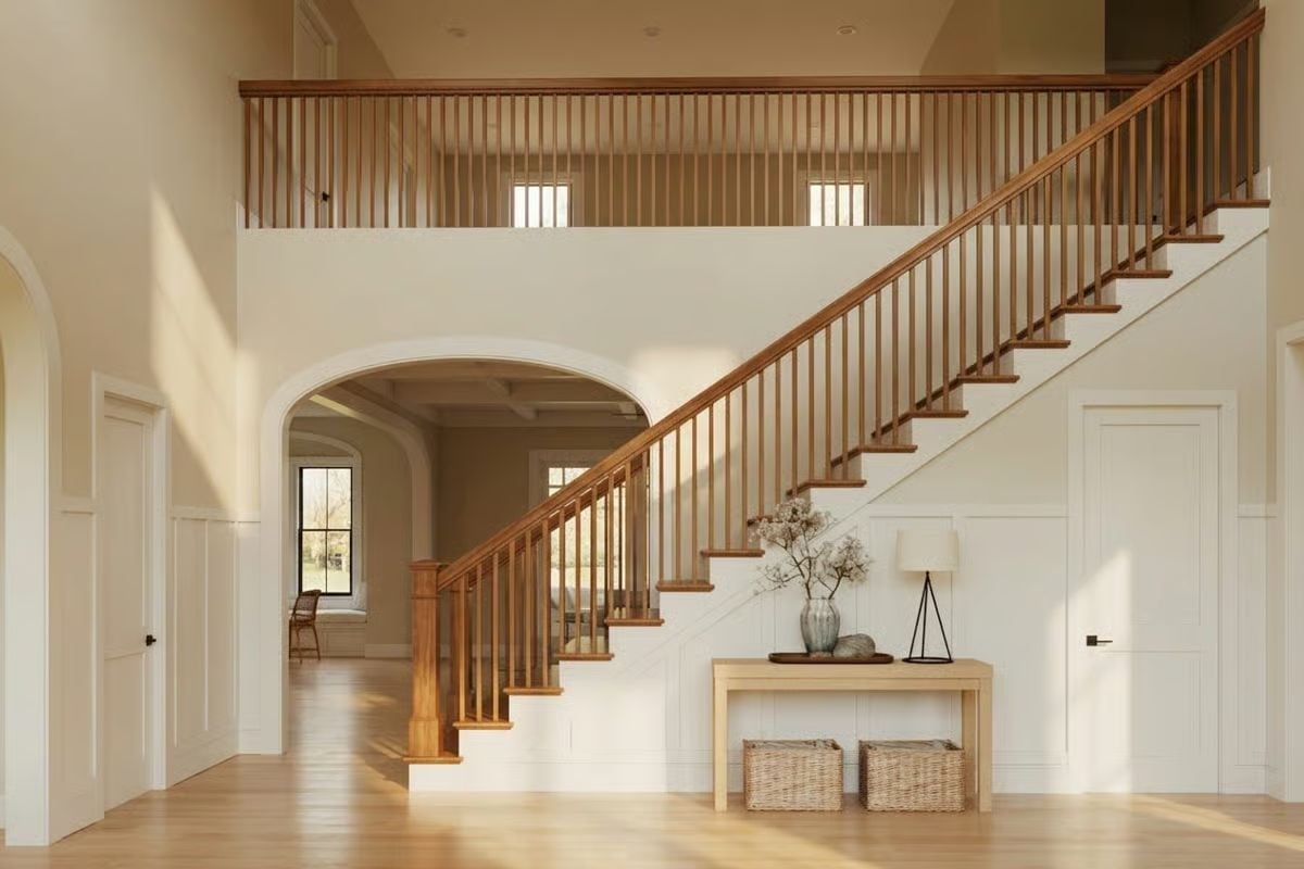 Straight-Run Staircase with Walnut Railings That Don't Try Too Hard