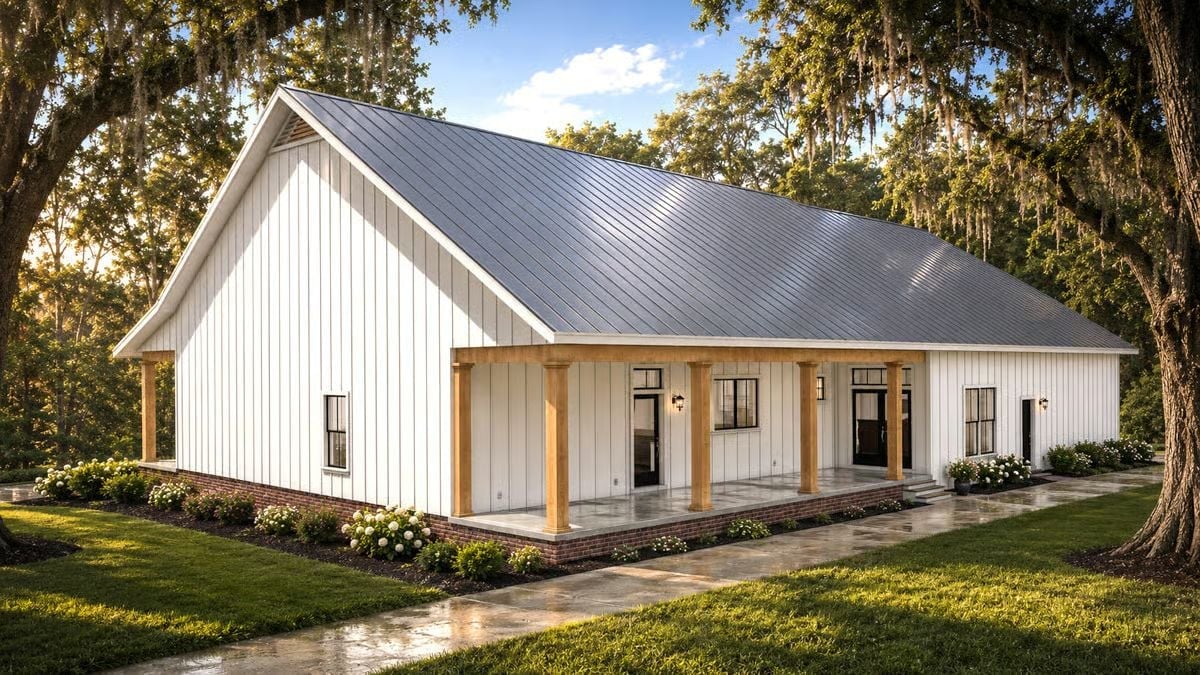 Board-and-Batten White, Warm Wood Posts, Metal Roof That Means Business