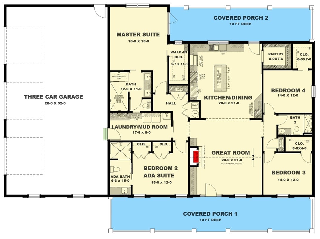 Floor Plan - Main Floor Thornfield 4-Bedroom Modern Farmhouse Barndominium with ADA Suite Designed for Families with In-Laws Who Might Be Moving In Whether You Like It or Not